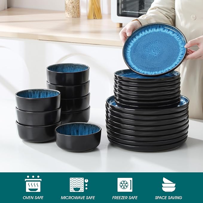 vancasso PLAYA Plates and Bowls Sets, 24 Pieces Blue Dinnerware Sets