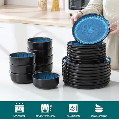 vancasso PLAYA Plates and Bowls Sets, 24 Pieces Blue Dinnerware Sets