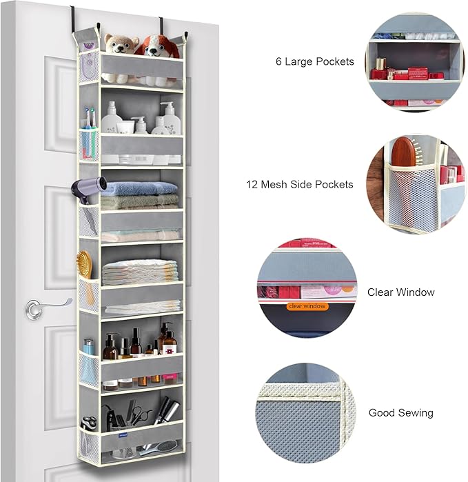 2 Pack Over The Door Hanging Organizer 6-Shelves and 12 Side Pockets, Over The Door Storage for Bathroom and Bedroom, Back of Door Organizers for Baby Products and Kid's Toys(13"x5"x54" Grey)