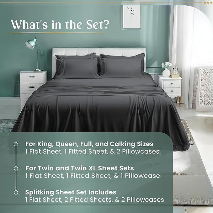 100% Cotton Sheets King Size Sheets Set with Fitted Sheet & Pillowcase Sets, 800 Thread Count Sateen Weave 4 piece Deep Pocket King Sheet Set, Soft & Comfy Naturally Cool Luxury Bedding- Charcoal