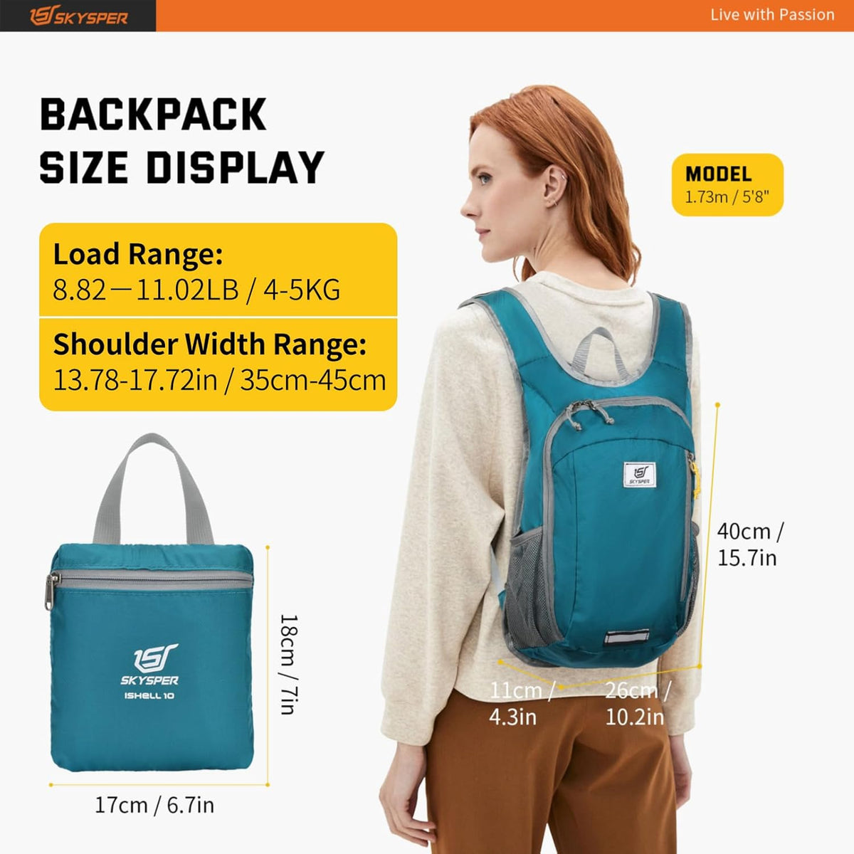 SKYSPER Small Daypack 10L Hiking Backpack Packable Lightweight Travel Day Pack for Women Men