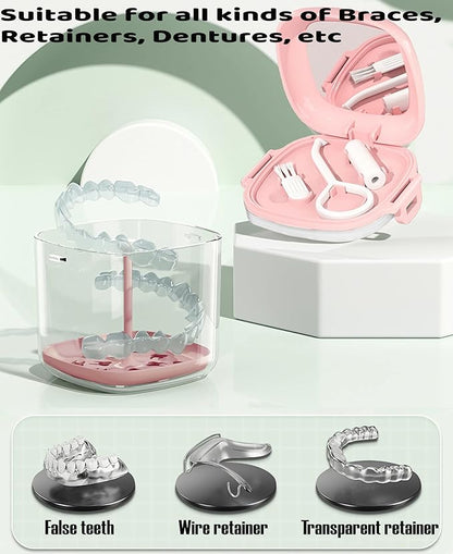 MURRI&MURRDI Retainer Case, Denture Bath Box with Strainer Basket, Mouth Guard Case, Braces Cleaner Cup, Cute Denture Holder Storage Soak Container for Travel Cleaning (A Pink)