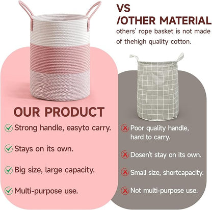 CLHMILY&Z 60L Laundry Basket Round Storage Rope Basket - 15x20.5 Inches - Pink Hamper in Bedreoom and Cute Storage Bin for Blankets, Toys, and Nursery Essentials