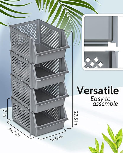 TidyFriend Plastic Stackable Bins for Pantry, 8 Pack Large Stacking Bins Open Front Kitchen, and Bathroom Organization, Open Front Design (Grey)
