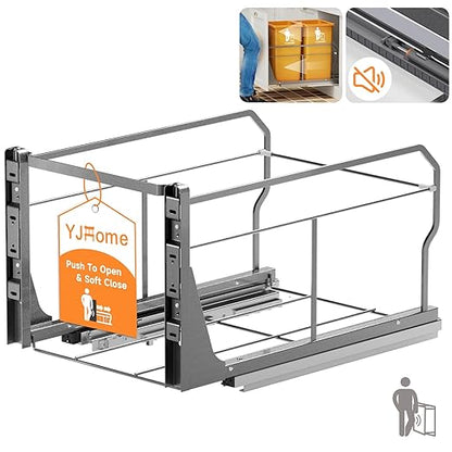 YJHome Pull Out Trash Can Under Cabinet with Push to Open Slides, Garbage Can Not Included, Double Cabinet Trash Can Pull Out Kit with Door Mounting Kit, Requires Minimum Cabinets Opening 18" W