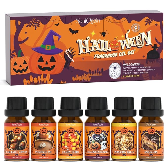 Halloween Fragrance Oils Set, Essential Oil for Diffuser, Diffuser Oil, Use for Soap Candle Making,Caramel Apples, Pumpkin Pie, Candy Corn, Halloween Cookies, Popcorn Balls, Snickers Bars