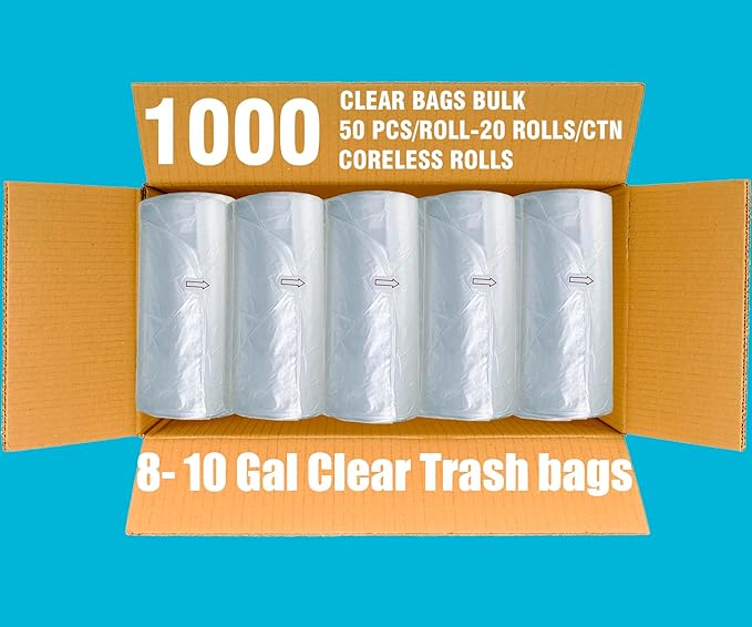 Trash Bags 8-10 Gallon, 1000 Count Bulk Value Pack, Clear Plastic Recycling Bags, Multi-purpose Garbage Bags Can Liners for Business Home Kitchen Commercial and Industrial