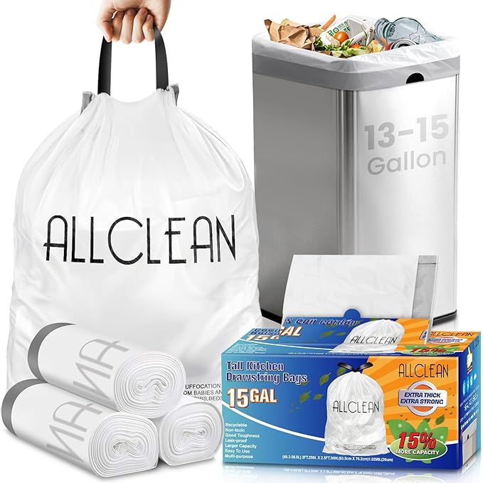 Trash Bags 15 Gallon Tall Kitchen Drawstring Garbage Bags,Fit 13-15 Gal Bins,Extra Strong&Leak-Proof,Unscented&Recyclable Trash Can Liners for Home Office Industrial Bathroom Garden Lawn