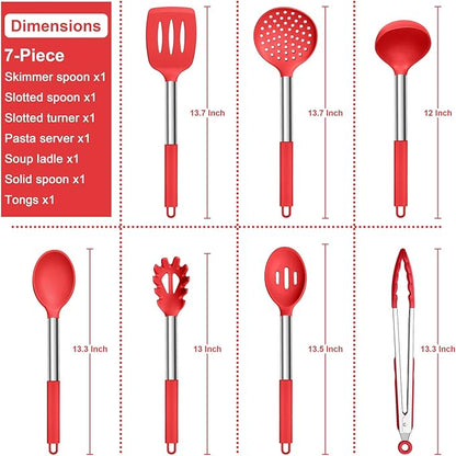 E-far Silicone Cooking Utensils Set, 7 Pcs Heat Resistant Kitchen Utensils with Stainless Steel Handle, Slotted Turner, Spoon, Soup Ladle, Pasta Server, Skimmer, Tongs for Nonstick Cookware, Red