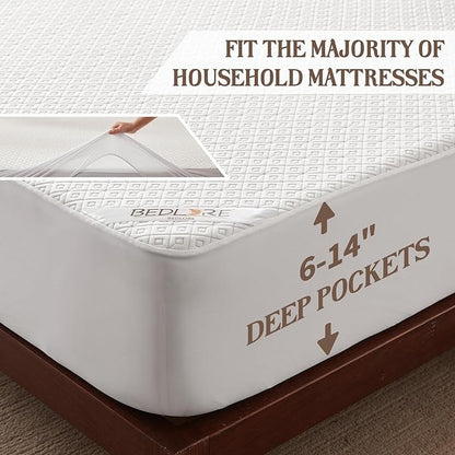 BEDLORE Twin Mattress Protector, Waterproof Noiseless Mattress Cover with Stretchable Pockets for 6-15 inches Mattress, Soft Breathable Mattress Pad Machine Washable (White)