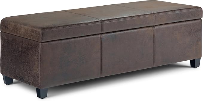 SIMPLIHOME Avalon 48 inch Wide Contemporary Rectangle Storage Ottoman Bench in Distressed Brown Vegan Faux Leather, Assembled, for the Living Room, Entryway and Family Room