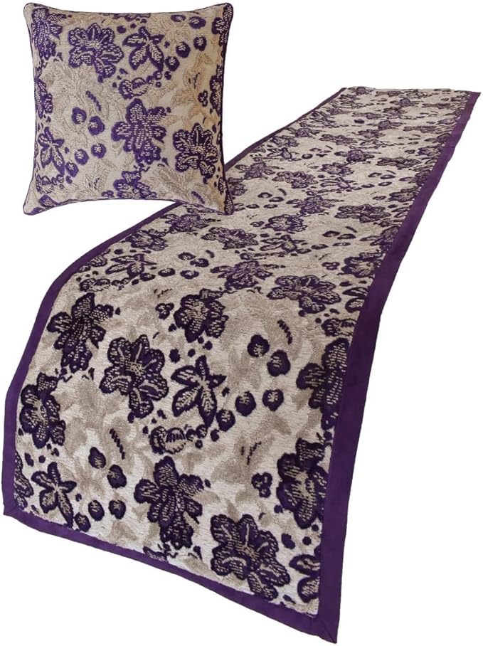 The HomeCentric King/Queen/Twin Purple Decorative Full 68"x18" Bed Runner with 2 Pillow Cover, Floral, Velvet Bed Scarf on Velvet Fabric - Plum Petal