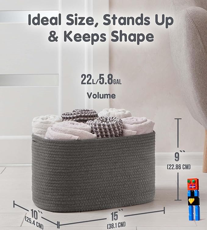CHAT BLANC Cotton Rope Baskets for Organizing | Storage Baskets for Shelves | Rope Basket for Storage, Small Laundry Woven Baskets for Dog Toy Bin, Baby items, Graphite 3 Pack