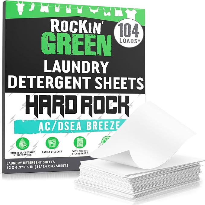 Rockin' Green Hard Rock Travel Laundry Detergent Sheets for Hard Water - Mess-Free Laundry Sheet Detergent with Sodium Bicarbonate - Easily Dissolvable Laundry Soap Sheets (104 Loads, AC/DSea Breeze)