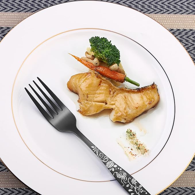 Matte Black Rose Flower Pattern Silverware Set