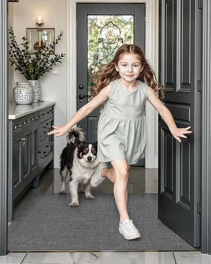 LUMI Ultra Thin Door Mat for Entryway, Low Profile Non Slip Rubber Backing Indoor Doormat, Easy Clean Welcome Entrance Mat for Inside House, Patio, Greenish Grey 17"x30"