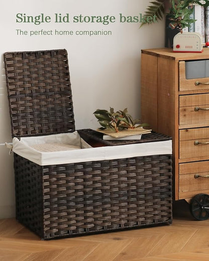 Storage Basket with Lid Wicker Baskets for Storage with 2 Separate Lid 42.3 Gallon (160 L) 29.9 x 17.3 x 18.1 Inches Rattan Woven Large Wicker Basket with 2 Liners for Bedroom Laundry Brown