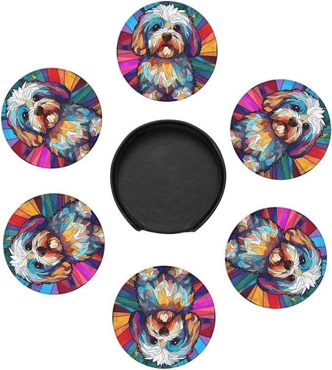 Havanese Stained Dog Breed Glass Art Leather Drinks Coasters