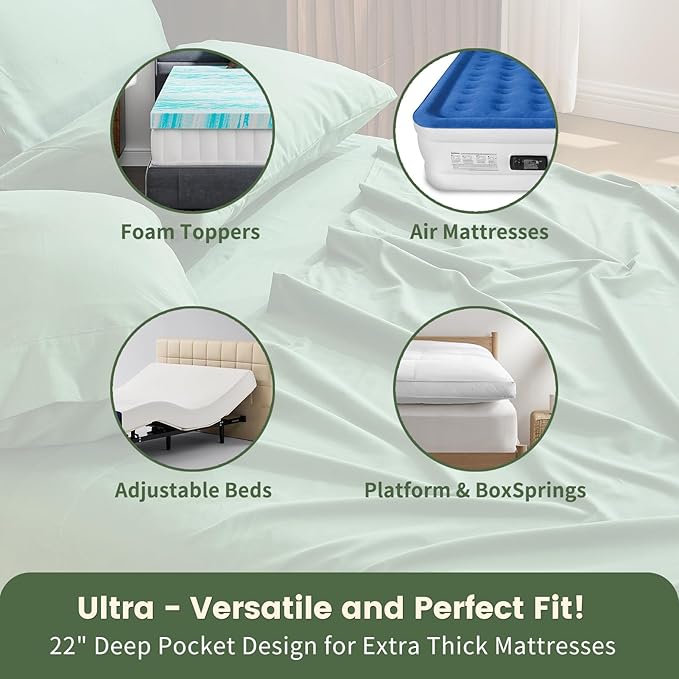 100% Linen Sheet Set Cal King Size Extra Deep Pocket Fits 18-24 Inch Mattress, Breathable & Soft, Smooth 4-Piece Set for Thick Mattresses Hotel Luxury Bedding（Cal King, Sage Green）