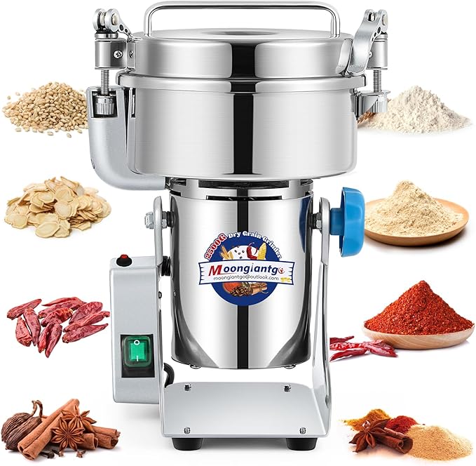 Moongiantgo 2500g Safety Grain Mill Grinder 3700W High-speed Electric Stainless Steel Dry Spice Grinder Pulverizer for Wheat Corn Rice Pepper Herbs Coffee Beans Dried Mushrooms, 110V
