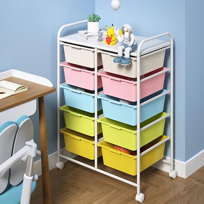 10 Drawers Rolling Storage Cart, Plastic Drawer Cart with Metal Frame, Multipurpose Art Craft Cart Organizer with Wheels, Utility Cart with Drawers for Home, Office, School, Multicolor