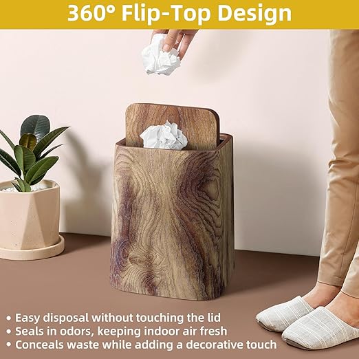 Wood Grain Plastic Trash Can Swing Top Lid, 4Gal/15L Farmhouse Wastebasket Bin Retro Style with Inner Bucket, Bathroom Trash Can Hidden Bag for Room Aesthetic, Square Brown Garbage Can 2pack
