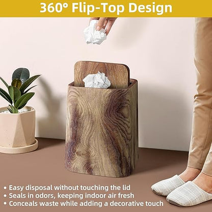 Wood Grain Plastic Trash Can Swing Top Lid, 4Gal/15L Farmhouse Wastebasket Bin Retro Style with Inner Bucket, Bathroom Trash Can Hidden Bag for Room Aesthetic, Square Brown Garbage Can 2pack
