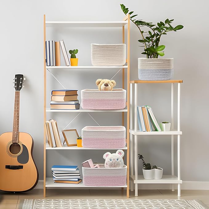 COMFY-HOMI 11.5"x7.5"x4.7" Storage Baskets for Organizing | Cotton Rope Woven Basket | Toy Storage Bin Box | Basket for Shelves, Closet Organizer Bin, Decorative Closet Shelf, 3 Pack, Pink