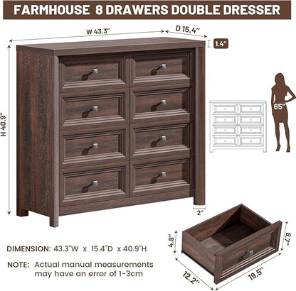 Farmhouse 8 Drawer Dresser for Bedroom, 41" Tall Wood Chest of Drawers, 43.3" Wide Dresser TV Stand, Storage Closet Drawer Organizer for Bedroom, Walnut