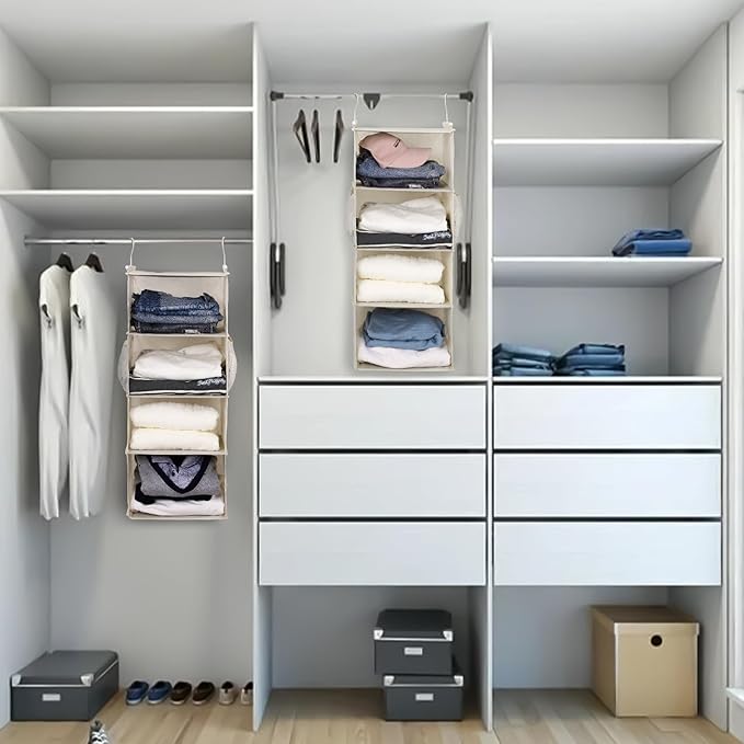 MAX Houser 4 Tier Shelf Hanging Closet Organizer, Space Saver,Closet Hanging Shelf with 2 Sturdy Hooks for Storage, Foldable (Beige)