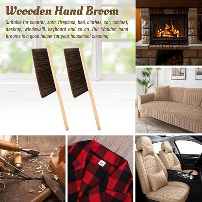 2 Pieces Woooden Dust Brush Hand Broom Bench Brush with Long Wood Handle Whisk Broom Soft Bristle Brush for Counter Bed Sofa Car Fireplace Clothes Household Cleaning(Brown)