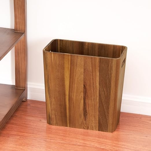 3 Gallons Wooden Wastebaskets, Solid Acacia Wood Waste Basket with Handles, Rectangular Trash Can, Garbage Bin for Bedroom, Bathroom, Kitchen, Living Room, Office Decorative