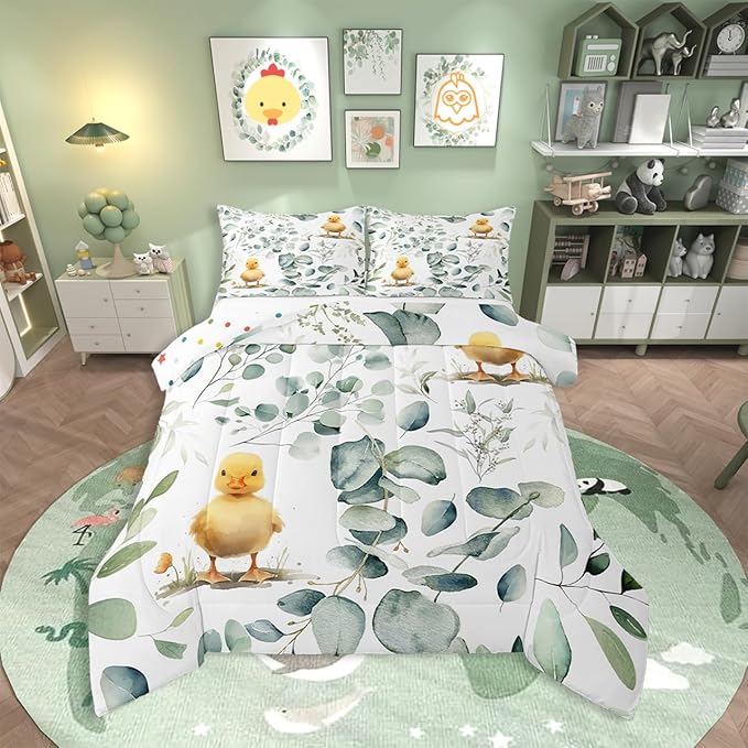 Erosebridal Kids Cute Animal Full Size Comforter Set for Girls Boys Cartoon Duck Bedding Set, Spring Eucalyptus Down Comforter Watercolor Leaves Bed Set, Kawaii Farm Animal Quilted Duvet