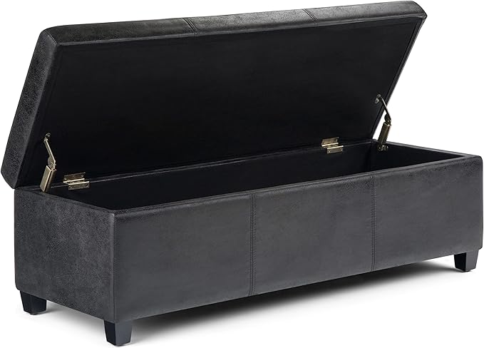 SIMPLIHOME Avalon 48 inch Wide Contemporary Rectangle Storage Ottoman Bench in Distressed Black Distressed Vegan Faux Leather, Assembled, For the Living Room, Entryway and Family Room