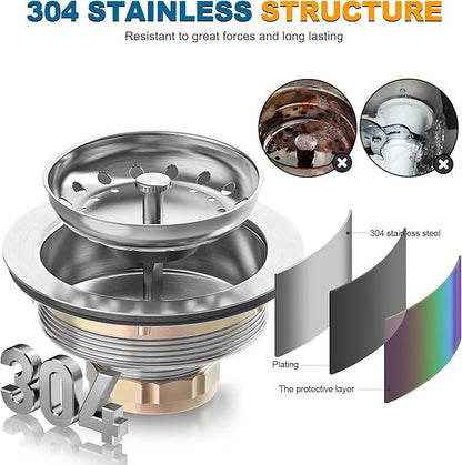 BOTEMY Stainless Steel Sink Drain Strainer Kit 3-1/2 inch Kitchen Drain Assembly with Metal Center Knob Basket Stopper Replacement for Standard Kitchen Sinks, Brushed