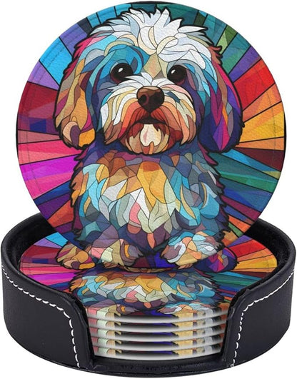 Havanese Stained Dog Breed Glass Art Leather Drinks Coasters