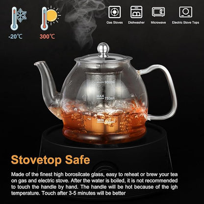 Glass Teapot, 33oz / 1000ml Teapot with Removable Infuser, Clear Tea Pot for Loose Leaf Tea and Blooming Tea, Stovetop Safe Glass Tea Kettle with Scale Line and Tea Brewer Guide