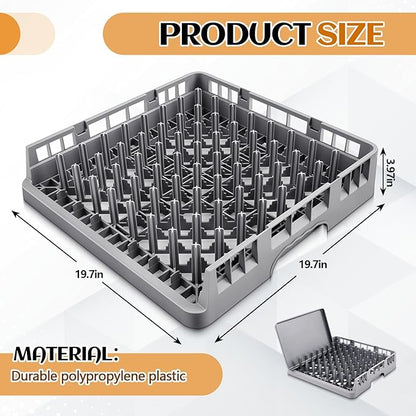 Commercial Dishwasher Tray Rack Polypropylene Full Size Flatware Rack for Bowls Plates Knives Forks Cups (19.7 x 19.7 x 3.97 Inch,Peg Dish Opening,Gray)
