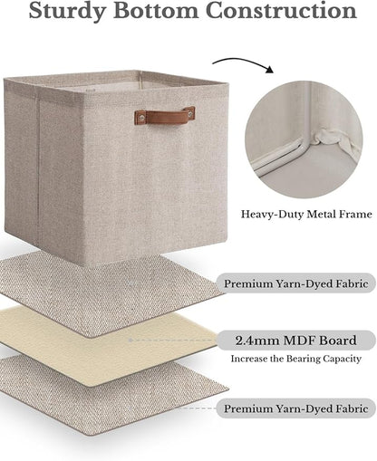 StorageWorks 13x13 Inches Storage Cube, Fabric Storage Bins with PU Handles, Collapsible Organizer Baskets for Closet, Brown and Beige, 6-Pack