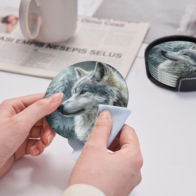 6 Pack Wolf Moutain Leather Coasters