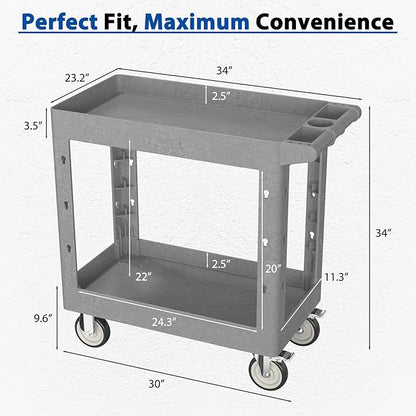 Heavy Duty Rolling Utility Cart with Wheels 2-Tier Utility Plastic Service Work Cart for Shop, Garage, Warehouse, Maintenance 550 lbs