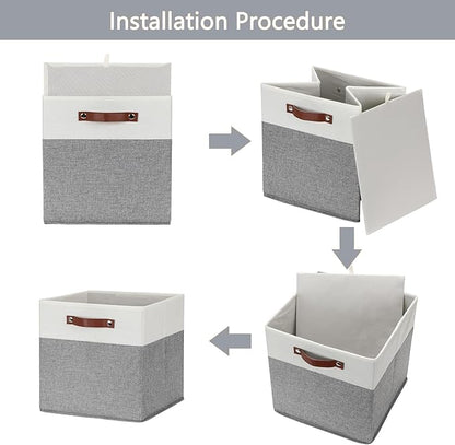 HNZIGE Fabric Storage Cubes 12x12 Cube Storage Bins, Set of 4, Decorative Cube Organizers Bins for Shelves with Handles,Foldable Bins for Cube Organizer Home Toy Nursery Closet(White Gray)