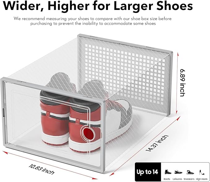 Kuject XX-Large Shoe Storage Boxes Organizers Clear Plastic Stackable 12 Pack, Shoe Rack & Holder Substitute, Sneaker Containers, Toy Storage Organizer Bins for Entryway, Closet, Under Bed, Grey