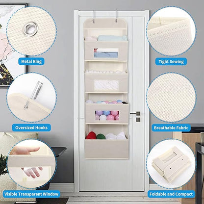 MAX Houser 4-Shelf Over The Door Hanging Organizer with 2 Metal Hooks, 4 Pocket Swing-Proof Behind Door Organizers with Clear Windows for Nursery Bathroom Closet,Dorm,Baby Diapers, Kids Toys (Beige)
