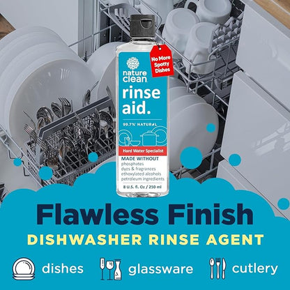 Nature Clean All Natural Dishwasher Rinse Aid Cleaner, Liquid Dishwasher Rinse Agent for Spot-Free Glass & Cutlery in Hard Water, Non Toxic Dish Washer Rinse Aid & Stain Remover, 8 oz/250ml, Pack of 1