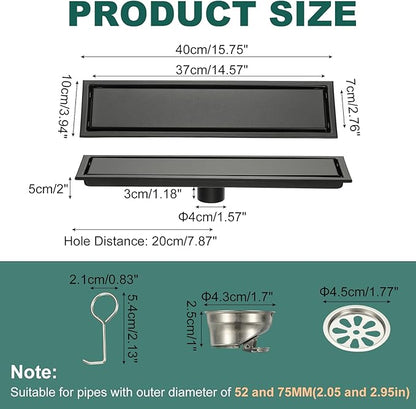uxcell Rectangular Shower Drain, Brushed 304 Stainless Steel Odor-Proof Floor Drain Linear Shower Drain Hair Catcher for Bathroom Kitchen and Laundry Room(16 Inch, Black)