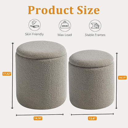 Round Ottoman with Storage Set of 2-Upholstered Sherpa Vanity Stool for Makeup Multifunctional Ottomans Coffee Table Padded Seat Foot Rest for Living Room&Bedroom(Sherpa Gray)