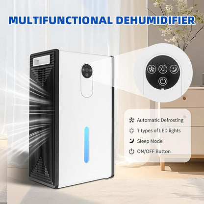 Dehumidifier for 1076 sq.ft,Quiet Portable Moisture Absorber with Auto Shut Off,Auto Defrost,72 OZ Water Tank,Drain Hose,7 Color LED Light,Sleep Mode for Basement Home Bedroom Bathroom RV