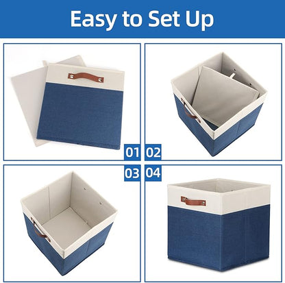 Temary Fabric Storage Bins for Cube Organizer 4 Pack Cube Storage Bins 13 Storage Cubes for Shelves Storage Baskets for Organizing Books, Clothes, Towels (White & Blue, 13x13x13 Inch)