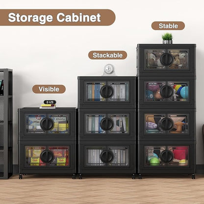 BROVIEW 480Qt Lockable Stackable Storage Bins with Lids, Closet Organizers and Storage Drawer, Collapsible Storage Bin with Wheels, Plastic Cabinet for Toy Clothes Dorm Organizer, V9 4 Pack Black